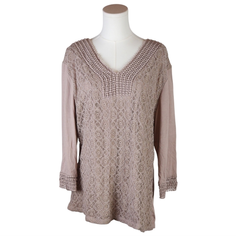 Shannon Ford 2X Taupe Lace Knit Tunic Top Boho Romantic Textured Blouse